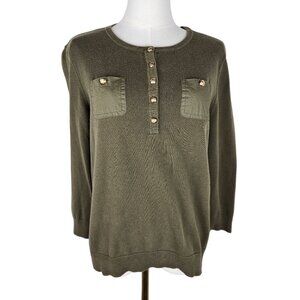Lauren Ralph Lauren Olive Green Henley Sweater Gold Buttons Sz Large